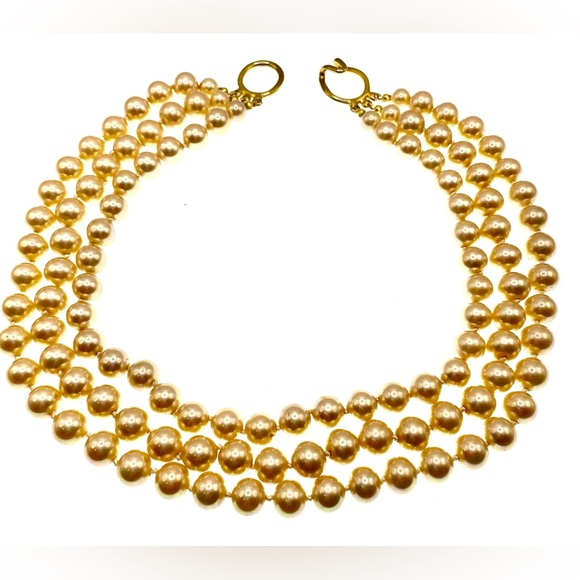 Vintage Multistrand Large Glass Cream Colored Pearls Graduating Length Gold Tone - Picture 2 of 7